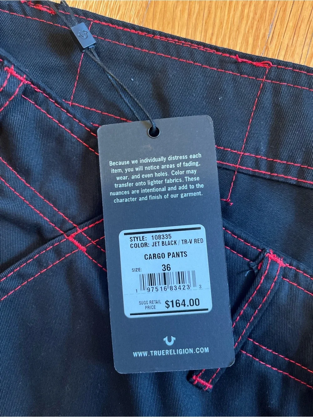 NWT True Religion Black Cargo Pants Red stitching size 36 read